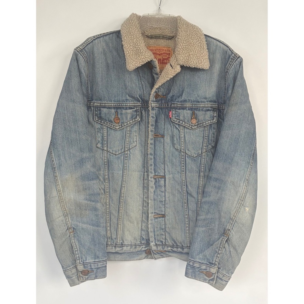 Levis Mens Sherpa Lined Denim Trucker Jacket Medium Blue Cotton Classic Coat Jkt